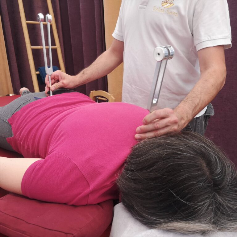Diapasons posés sur le coccyx et le bas du cou.